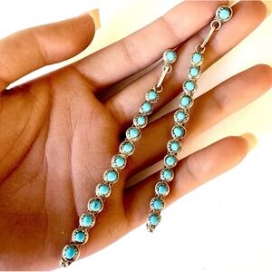 Native Amer Long Turquoise Earrings Sleeping‎ Beauty 3in Zuni Signed DK Sterling